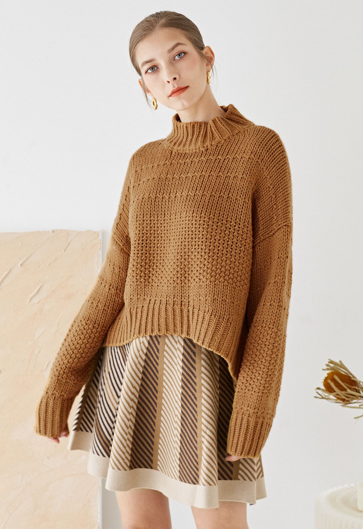 Pull en grosse maille Hi-Lo à col montant en caramel