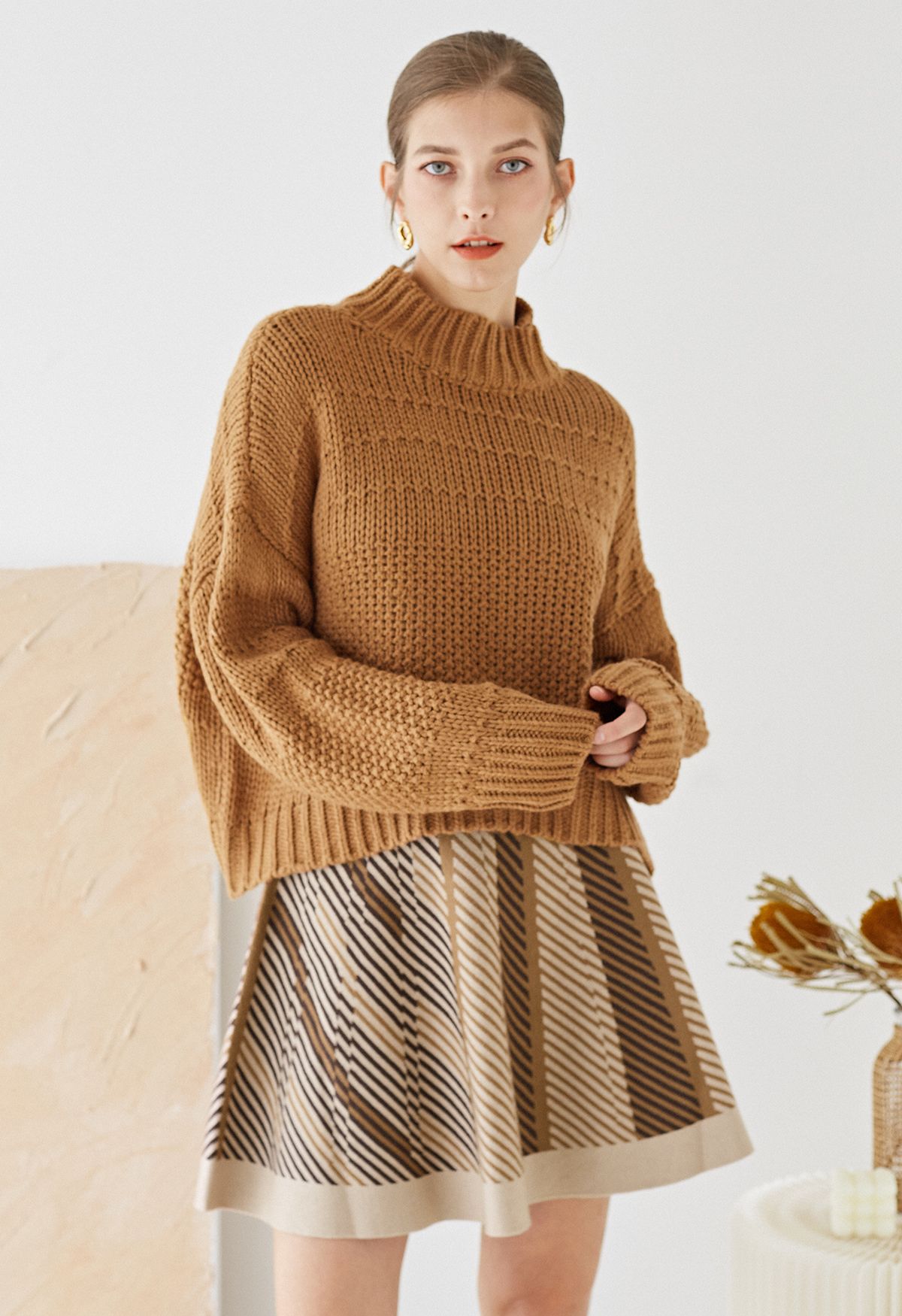 Pull en grosse maille Hi-Lo à col montant en caramel