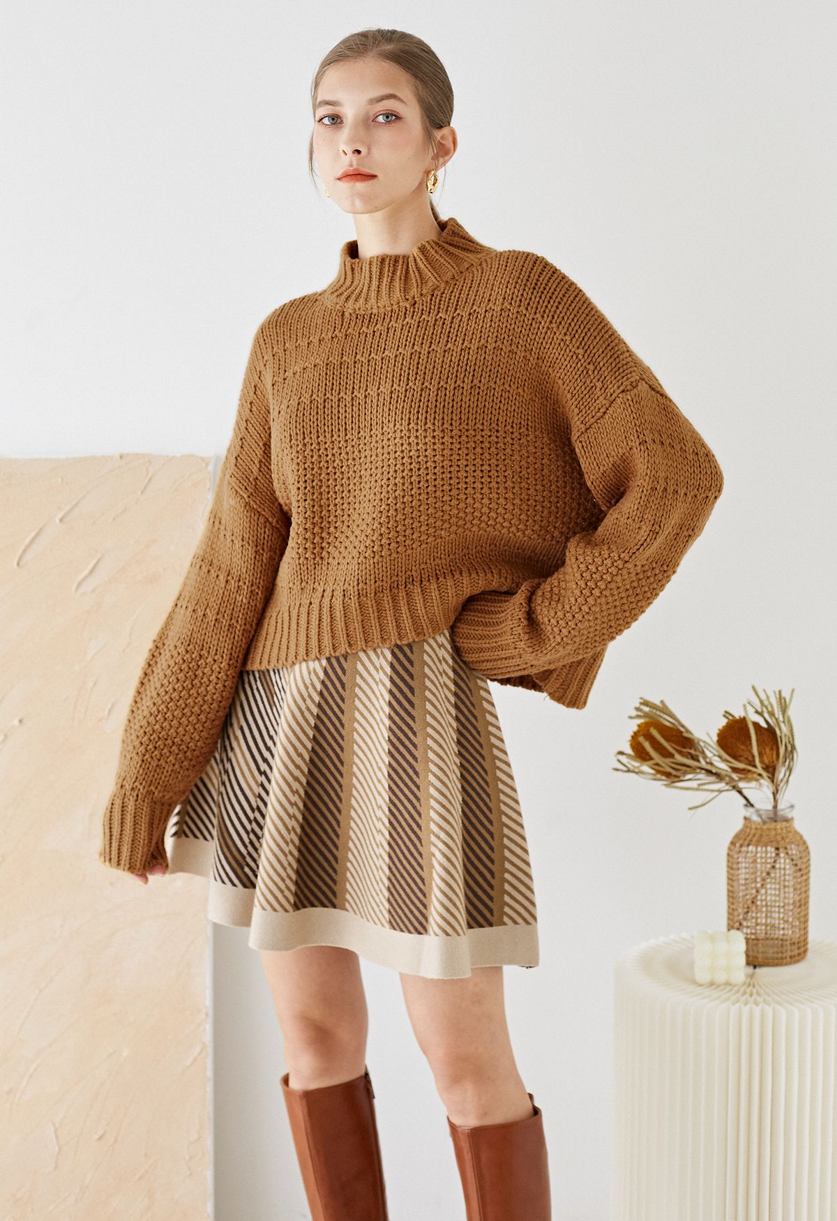 Pull en grosse maille Hi-Lo à col montant en caramel