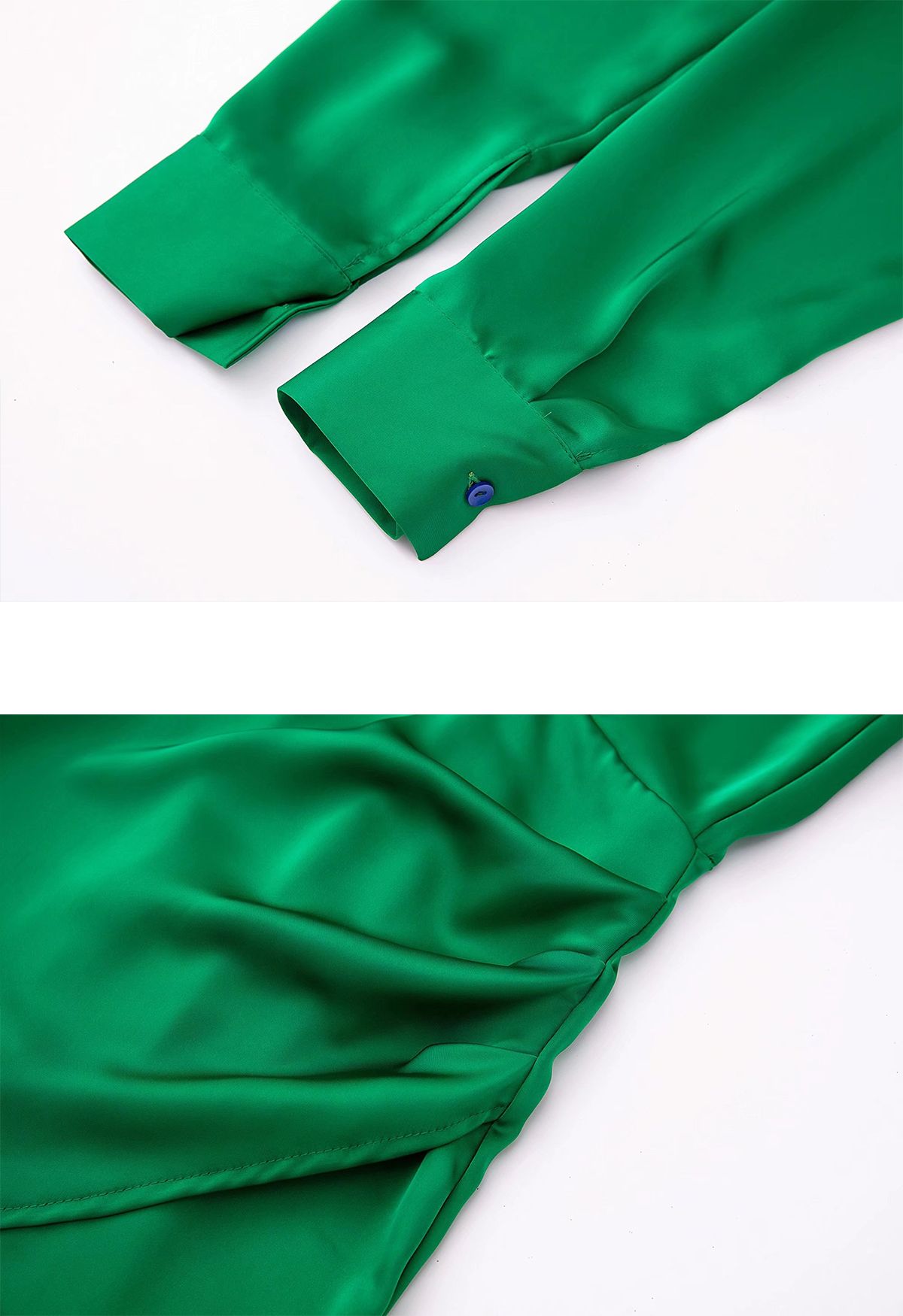 Robe chemise en satin à col en V froncé sur le devant en vert