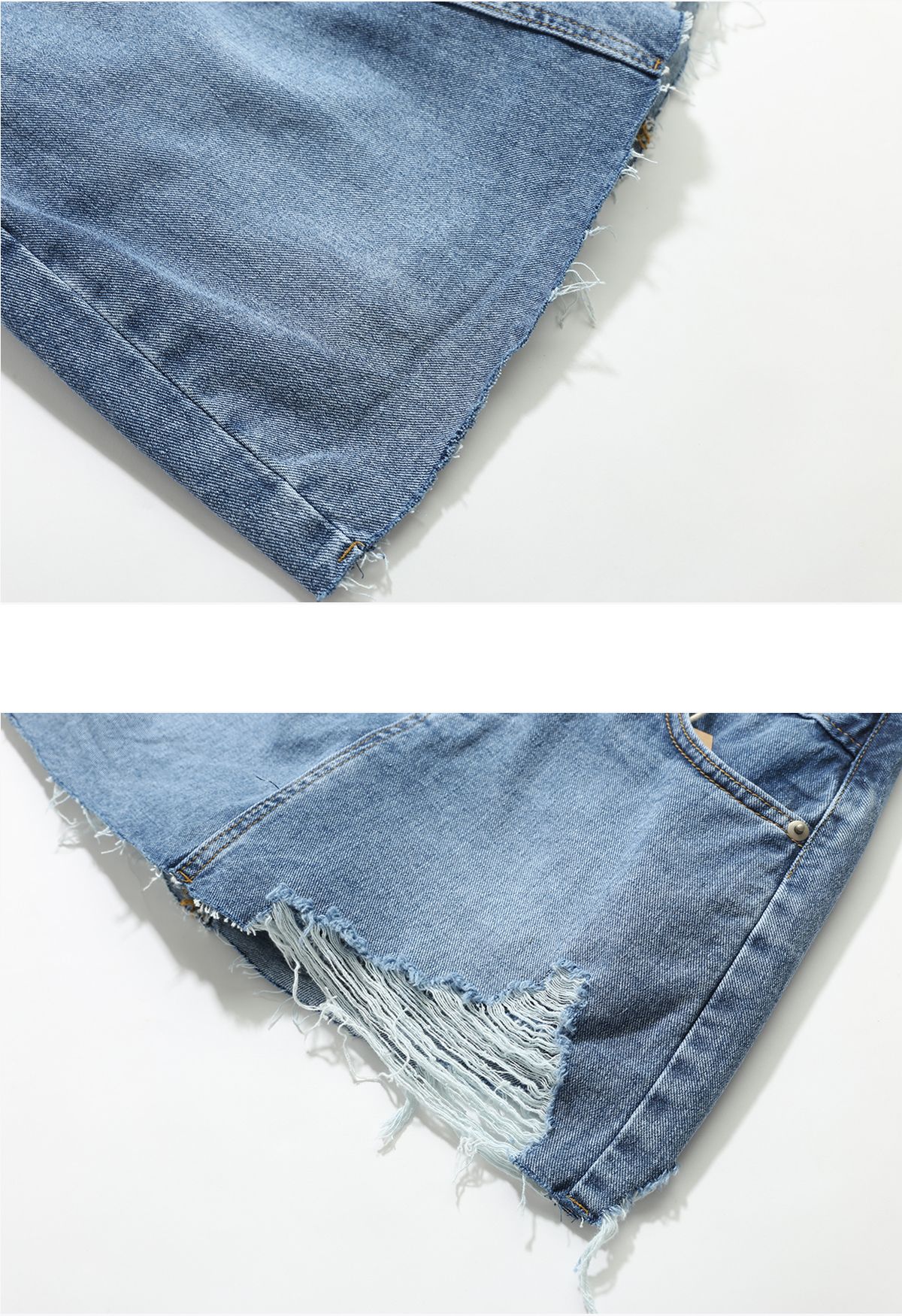 Jupe en jean déchirée à la taille entrecroisée en bleu foncé