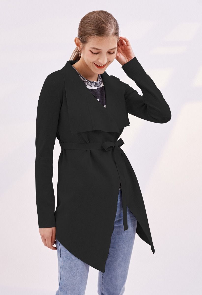 Cardigan en tricot à taille nouée à revers larges en noir