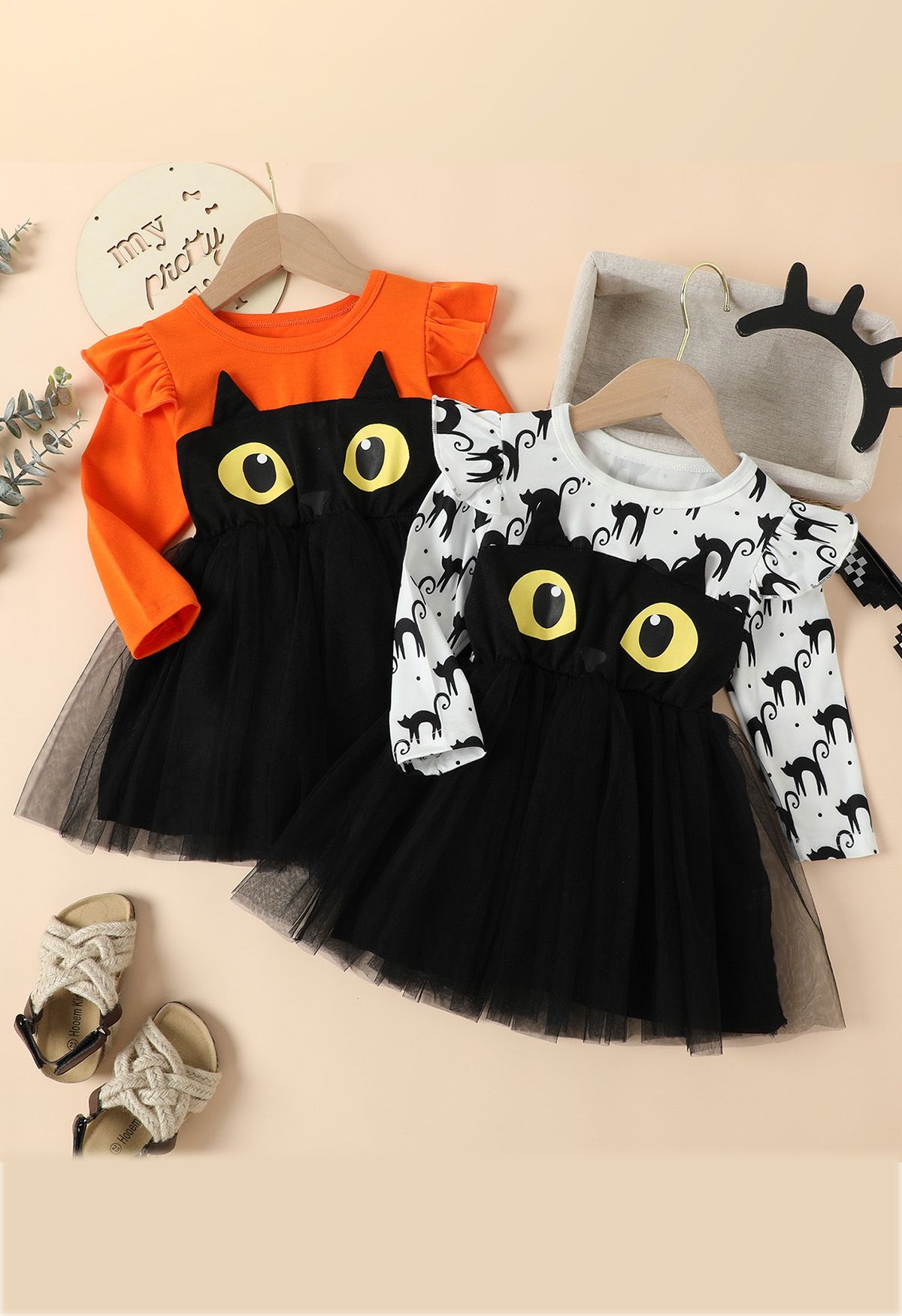 Robe épissée en tulle à volants Black Owl pour enfants en orange