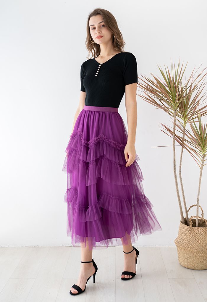 Jupe en tulle à volants en maille exquise en magenta