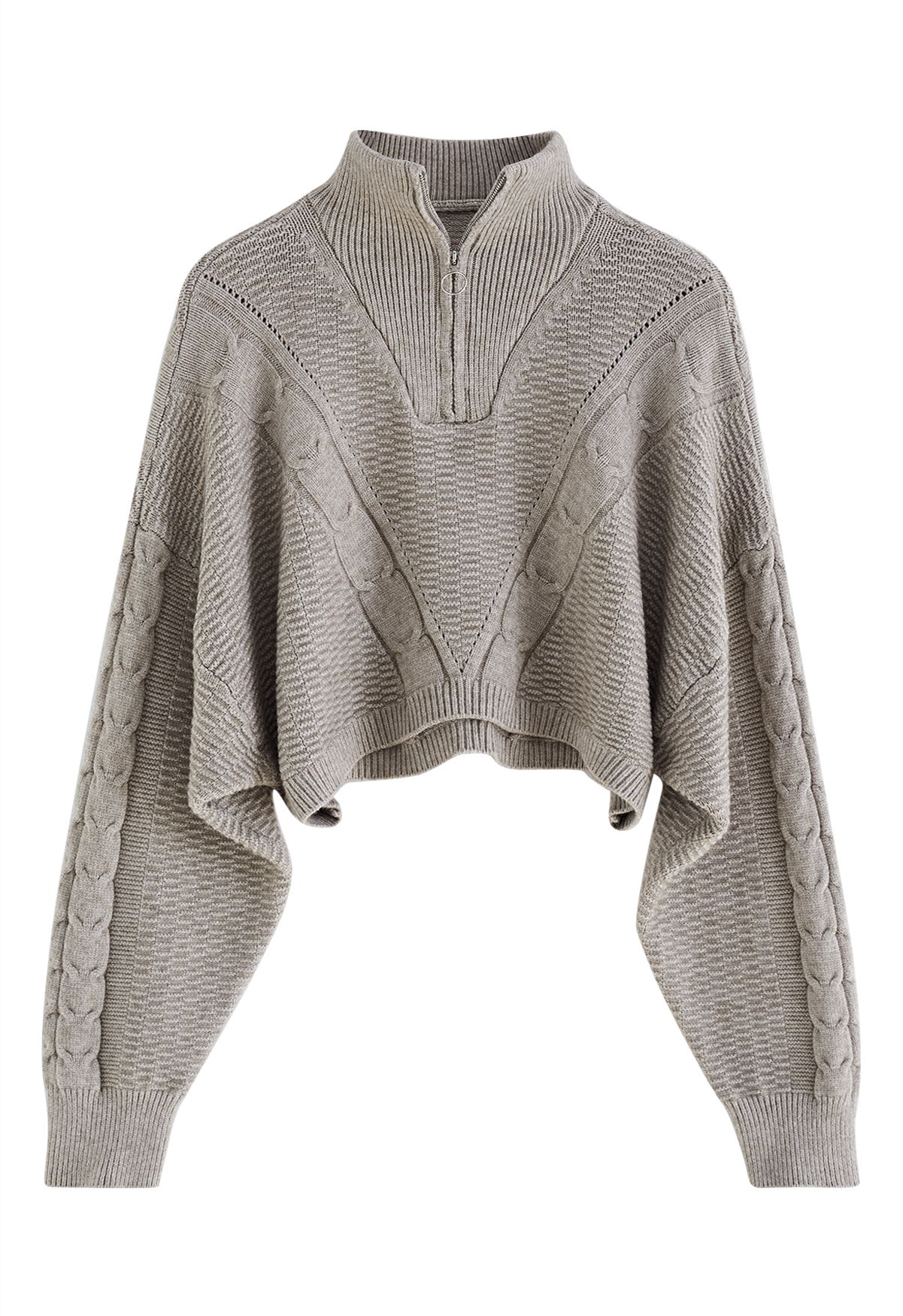 Crop top en tricot tressé gaufré à col zippé en taupe