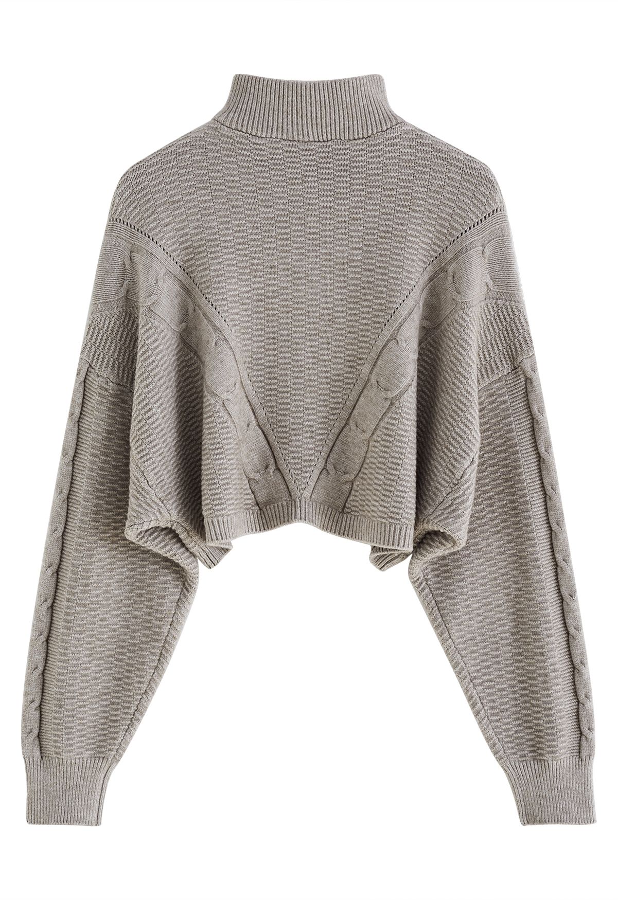 Crop top en tricot tressé gaufré à col zippé en taupe