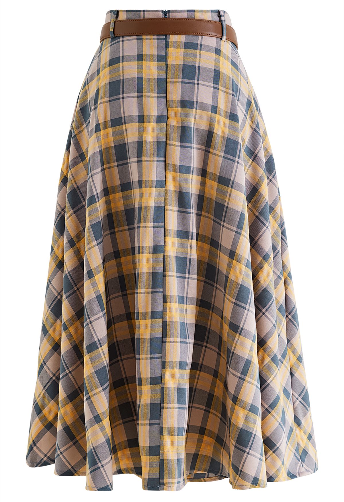 Vintage Belted Plaid Midi Skirt in Mustard