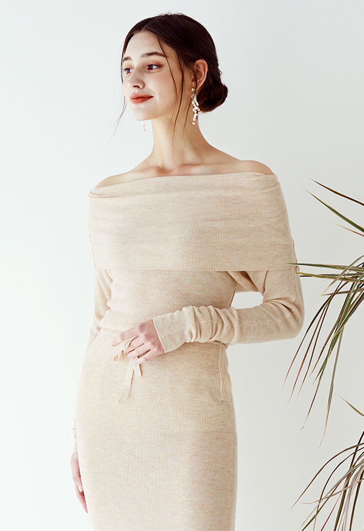 Fold Over Off-Shoulder Knit Top in Apricot