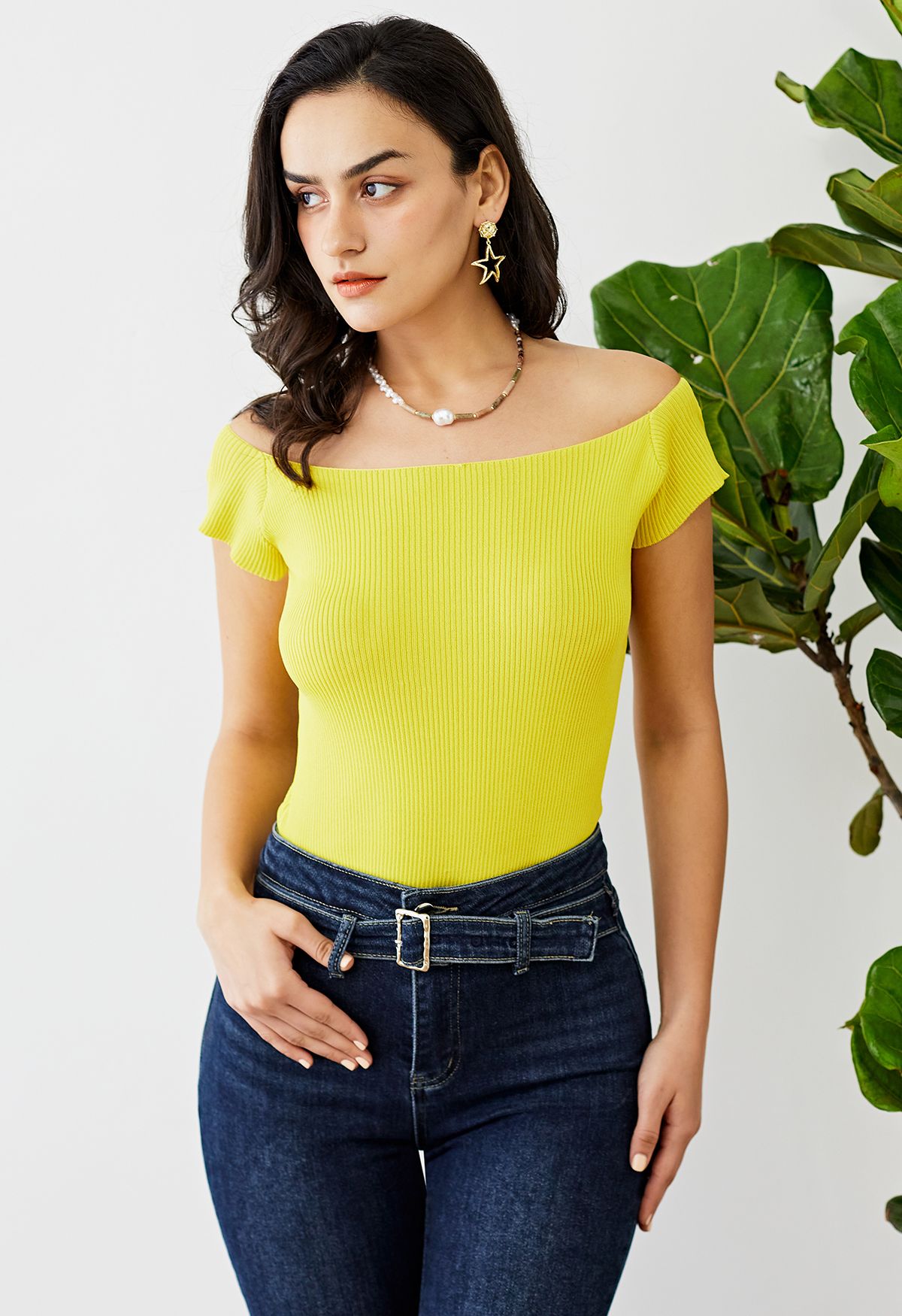 Crop top côtelé à encolure bateau en jaune