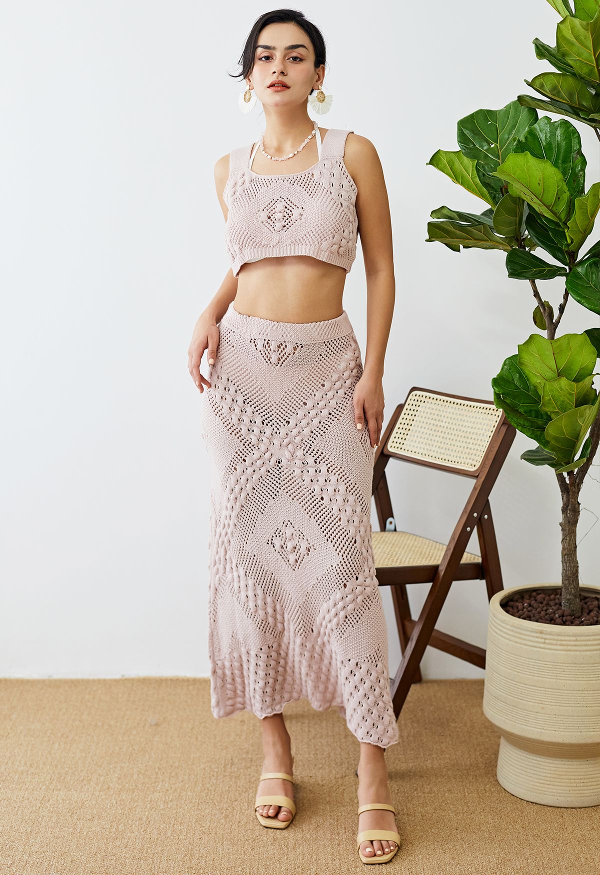 Embossed Pointelle Knit Tank Top and Skirt Set in Dusty Pink