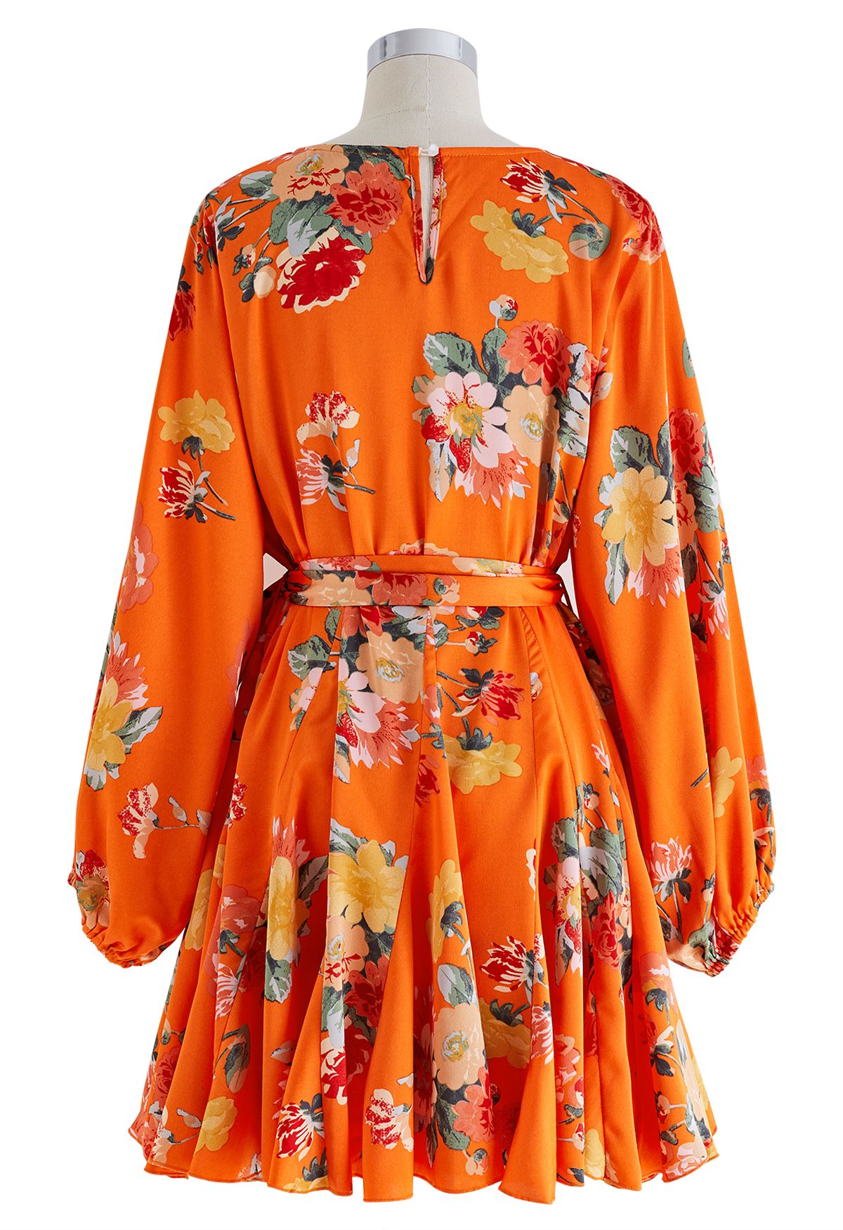 Dreamy Bouquet Printed Bubble Sleeves Frilling Dress in Orange
