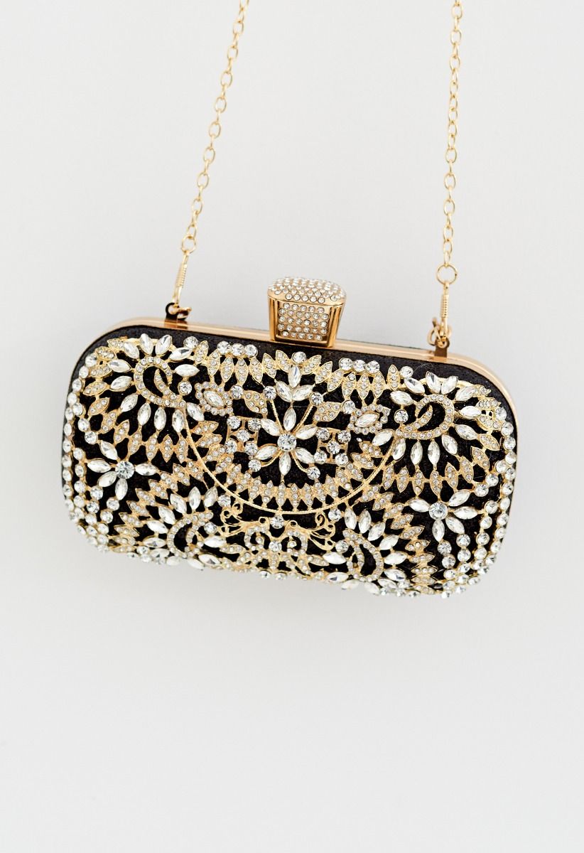 Pochette Insérée de Strass Floral Scintillant en Noir