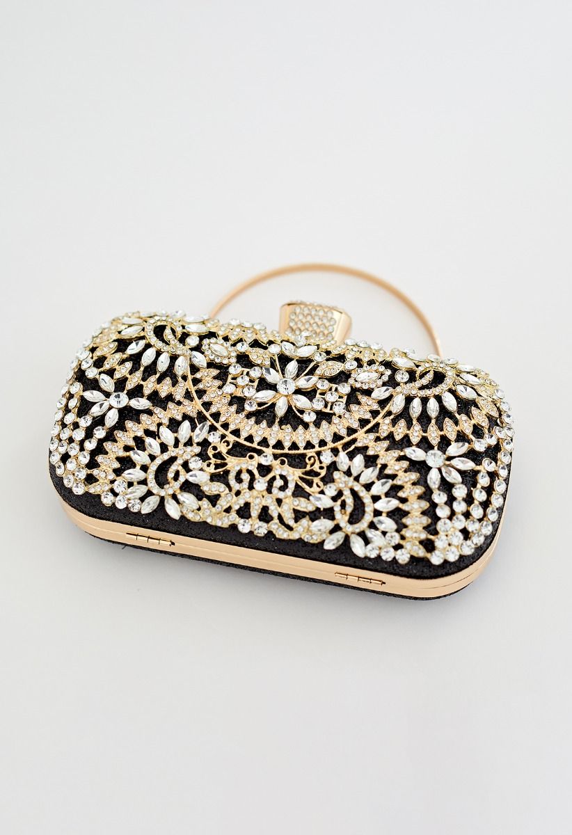 Pochette Insérée de Strass Floral Scintillant en Noir