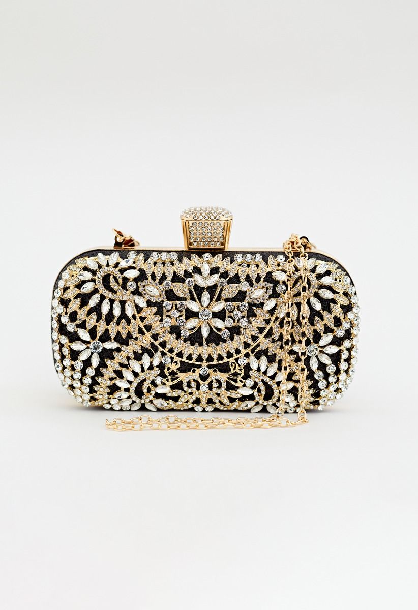 Pochette Insérée de Strass Floral Scintillant en Noir