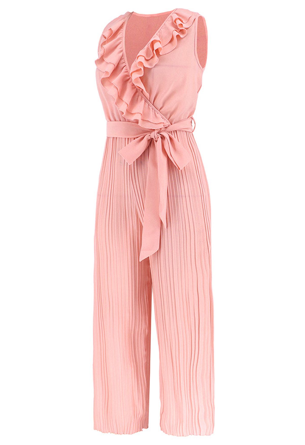 Tiered Ruffle Wrap Plisse Jumpsuit in Pink