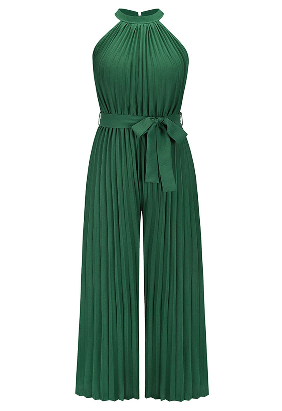 Halter Neck Self-Tie Pleated Jumpsuit in Green