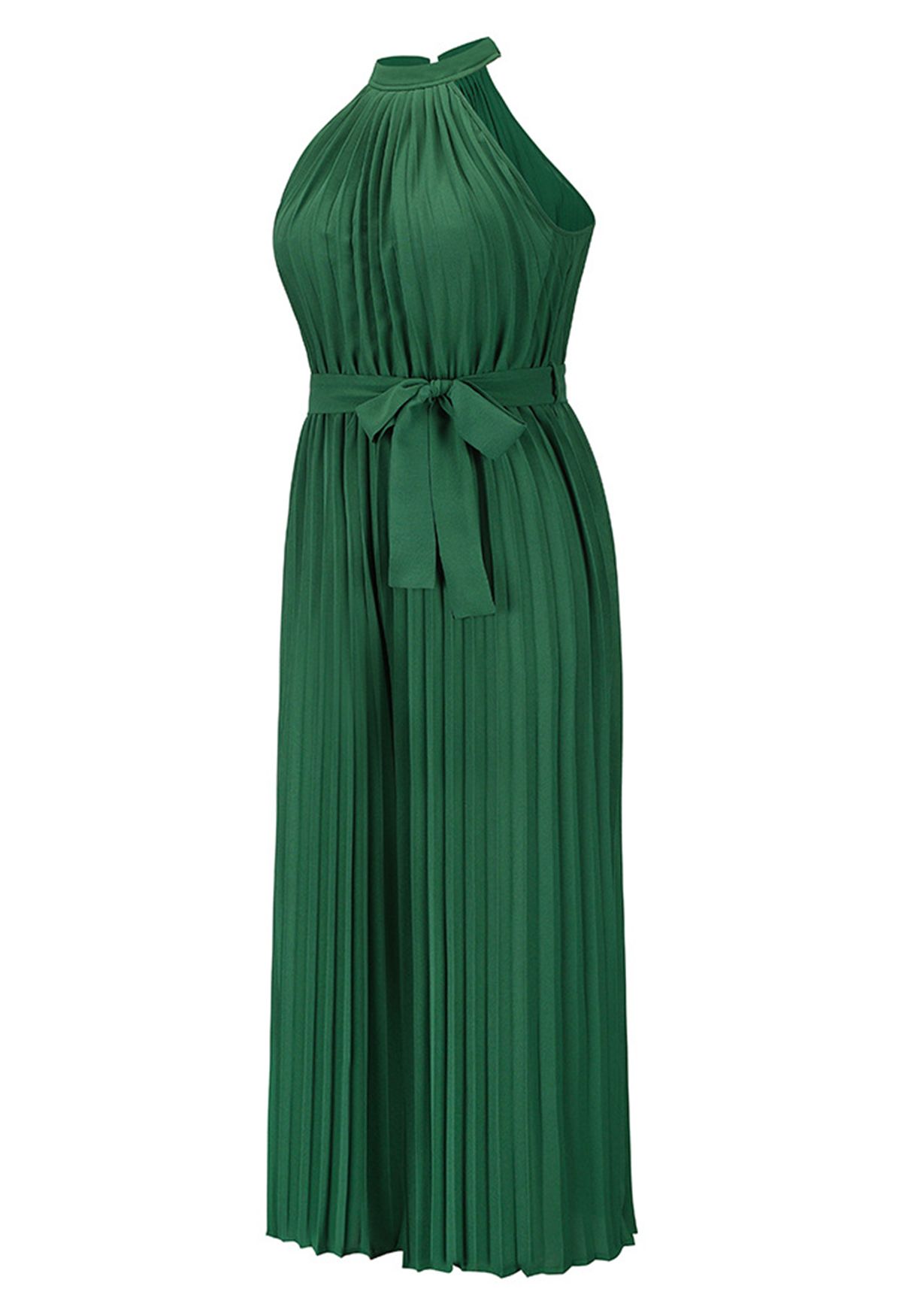 Halter Neck Self-Tie Pleated Jumpsuit in Green