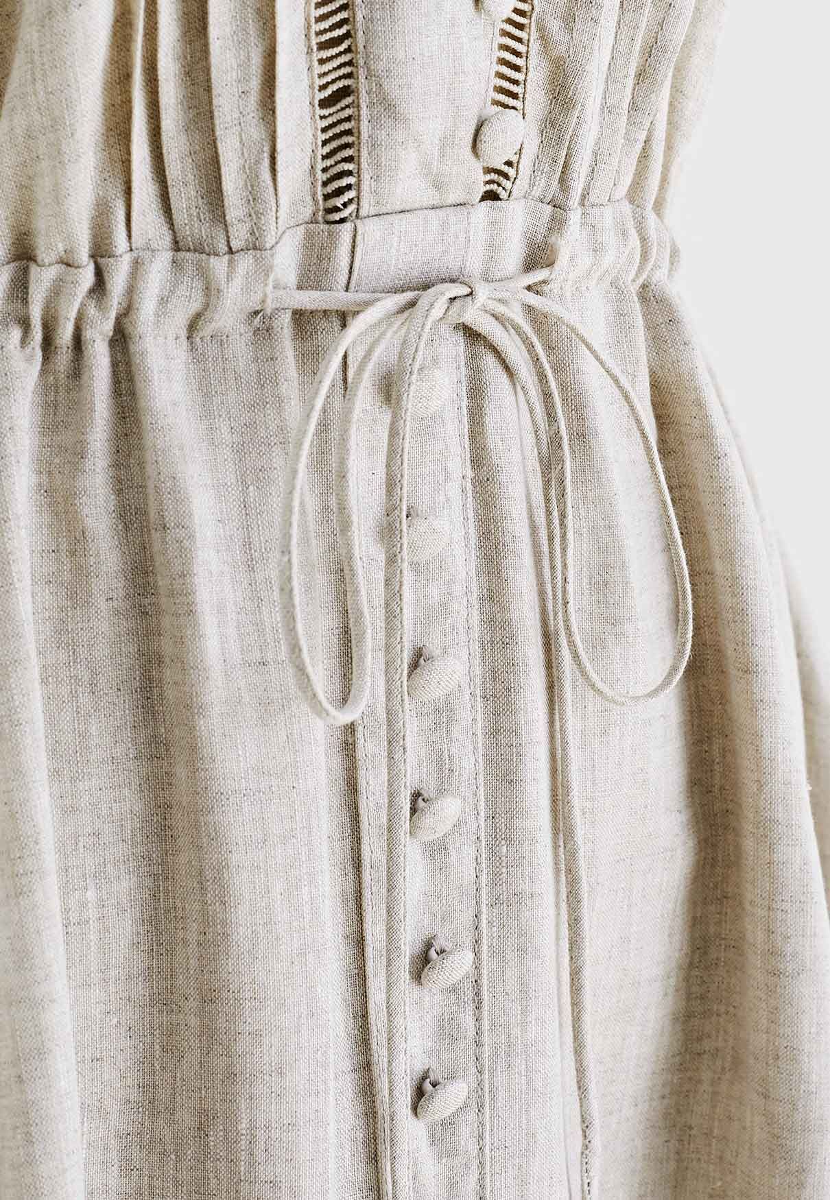 Robe sans manches boutonnée à col en V en lin