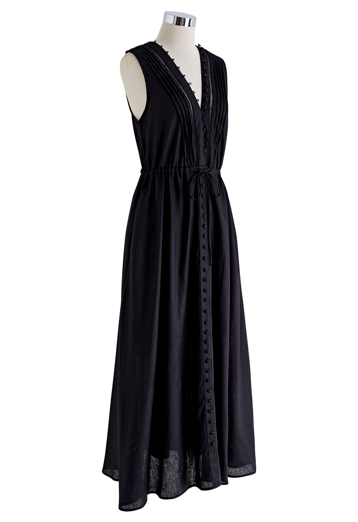 Robe sans manches boutonnée à col en V en noir