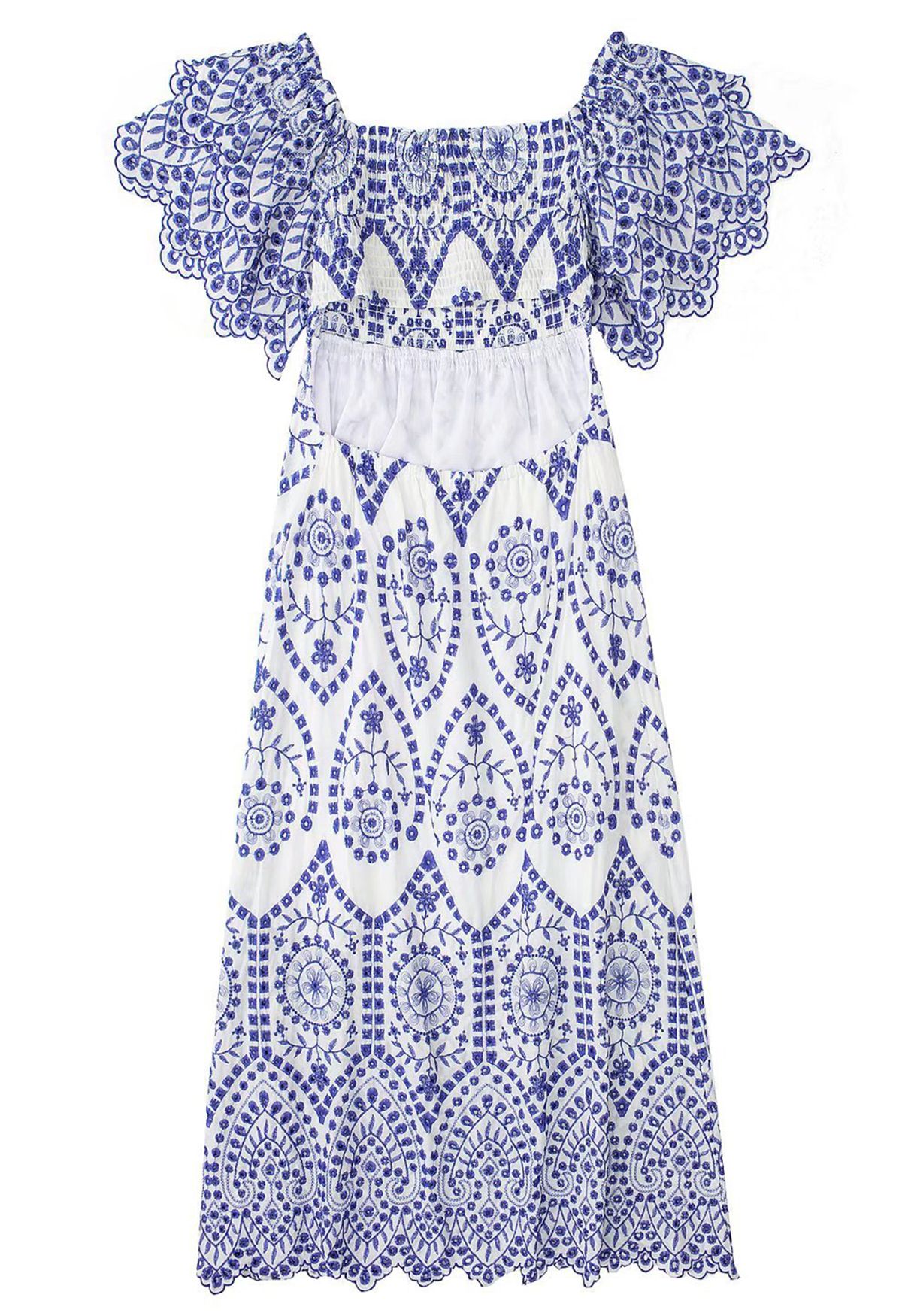 Robe en coton à manches volantées bleue brodée