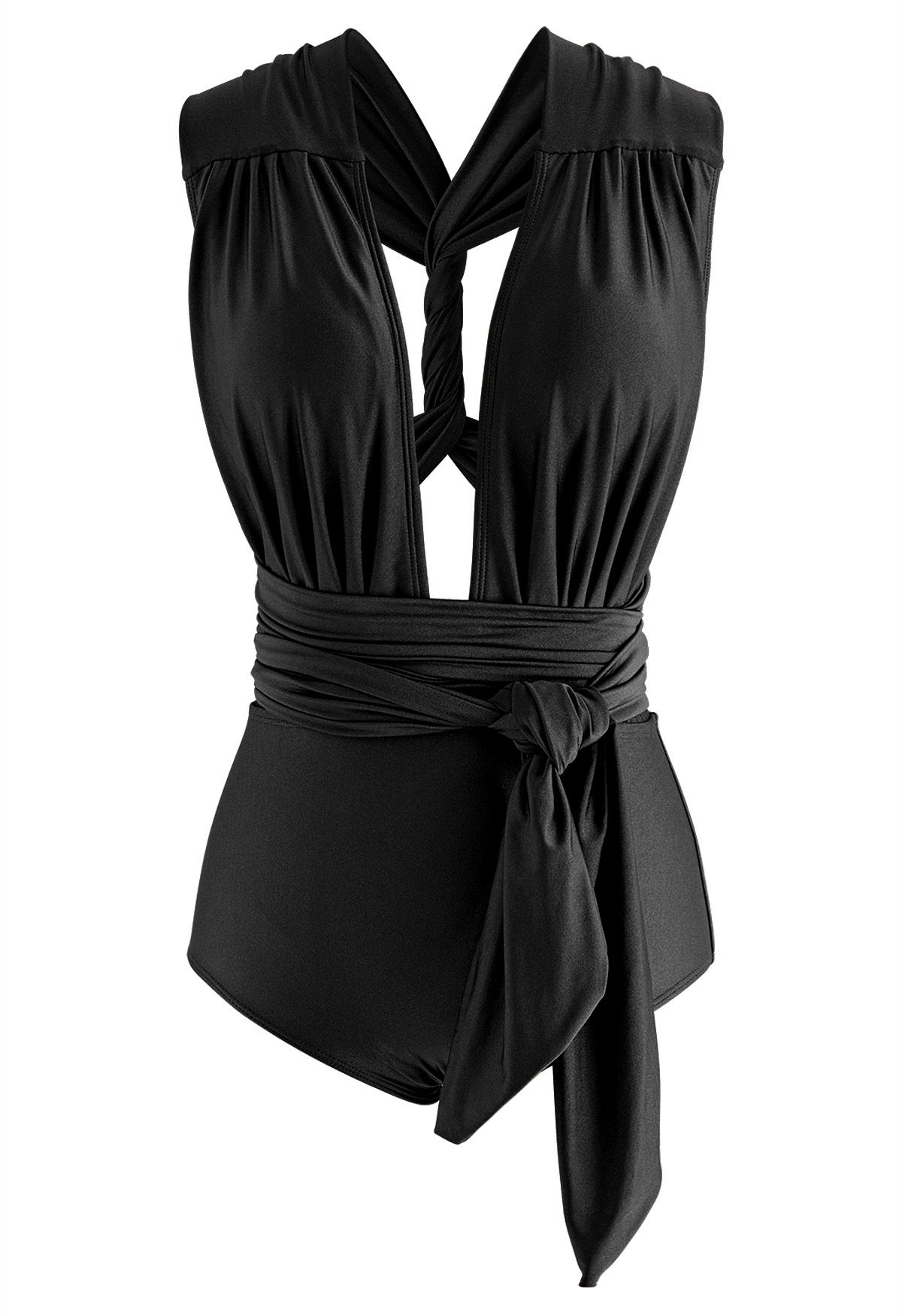 Maillot de bain une pièce à col en V profond à lacets en noir