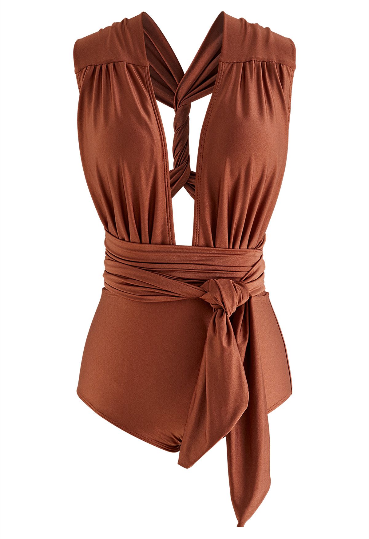 Maillot de bain une pièce à col en V profond à lacets en caramel