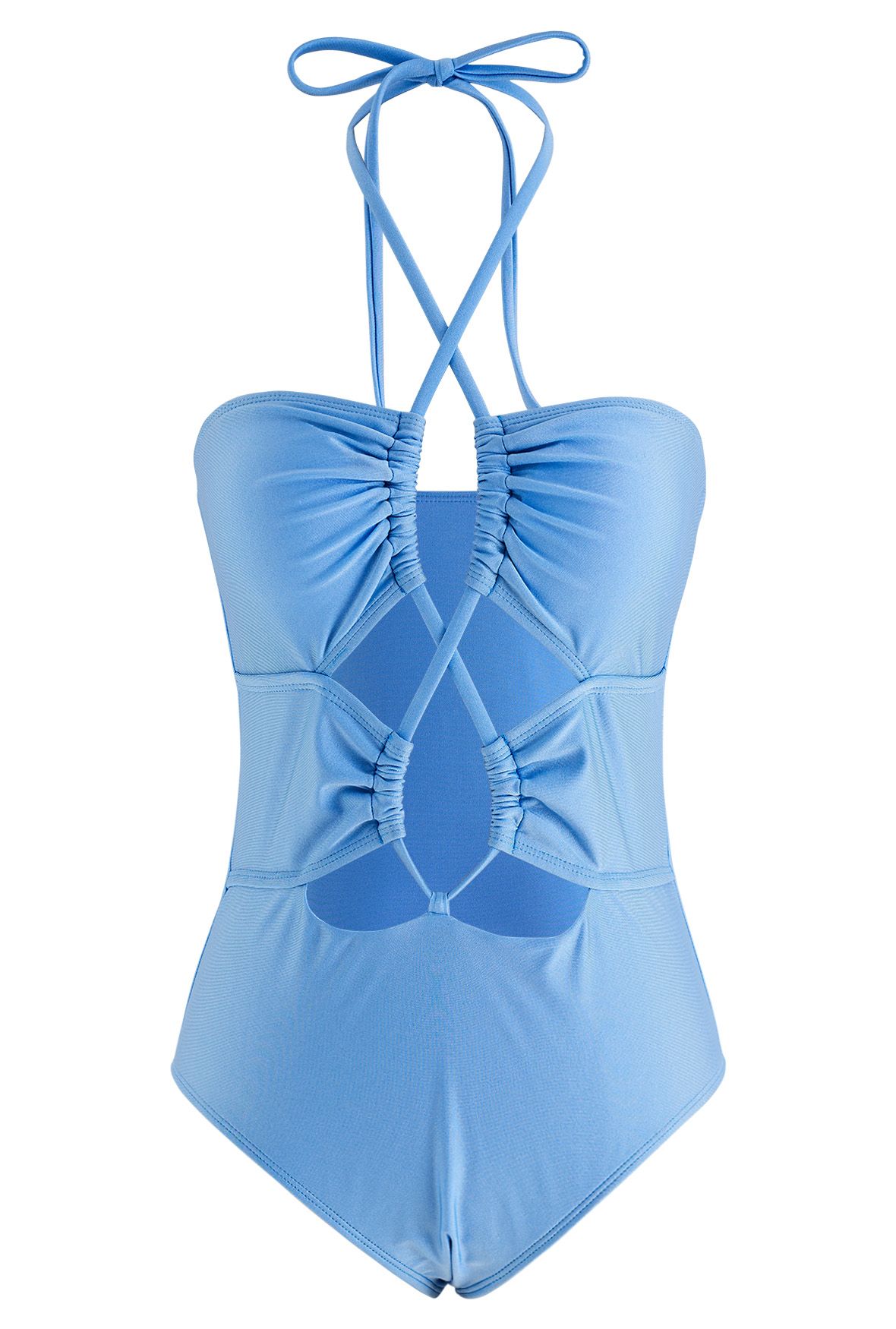 Maillot de bain à découpes croisées et dos nu en bleu