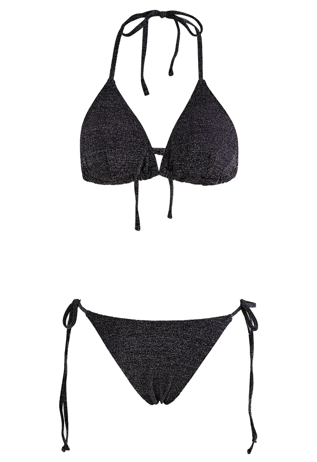 Dazzling Metallic Tie-String Bikini Set en Noir