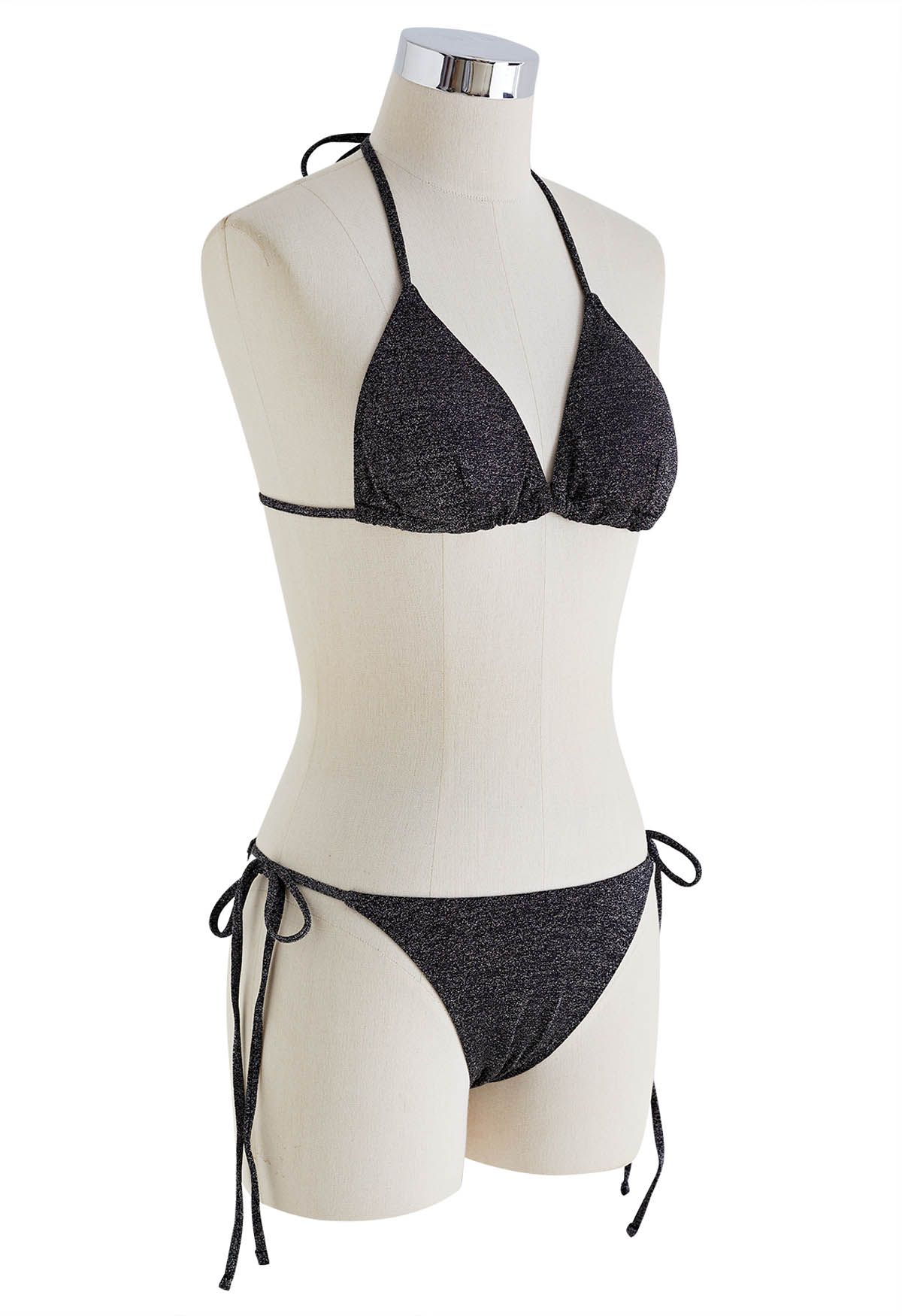 Dazzling Metallic Tie-String Bikini Set en Noir