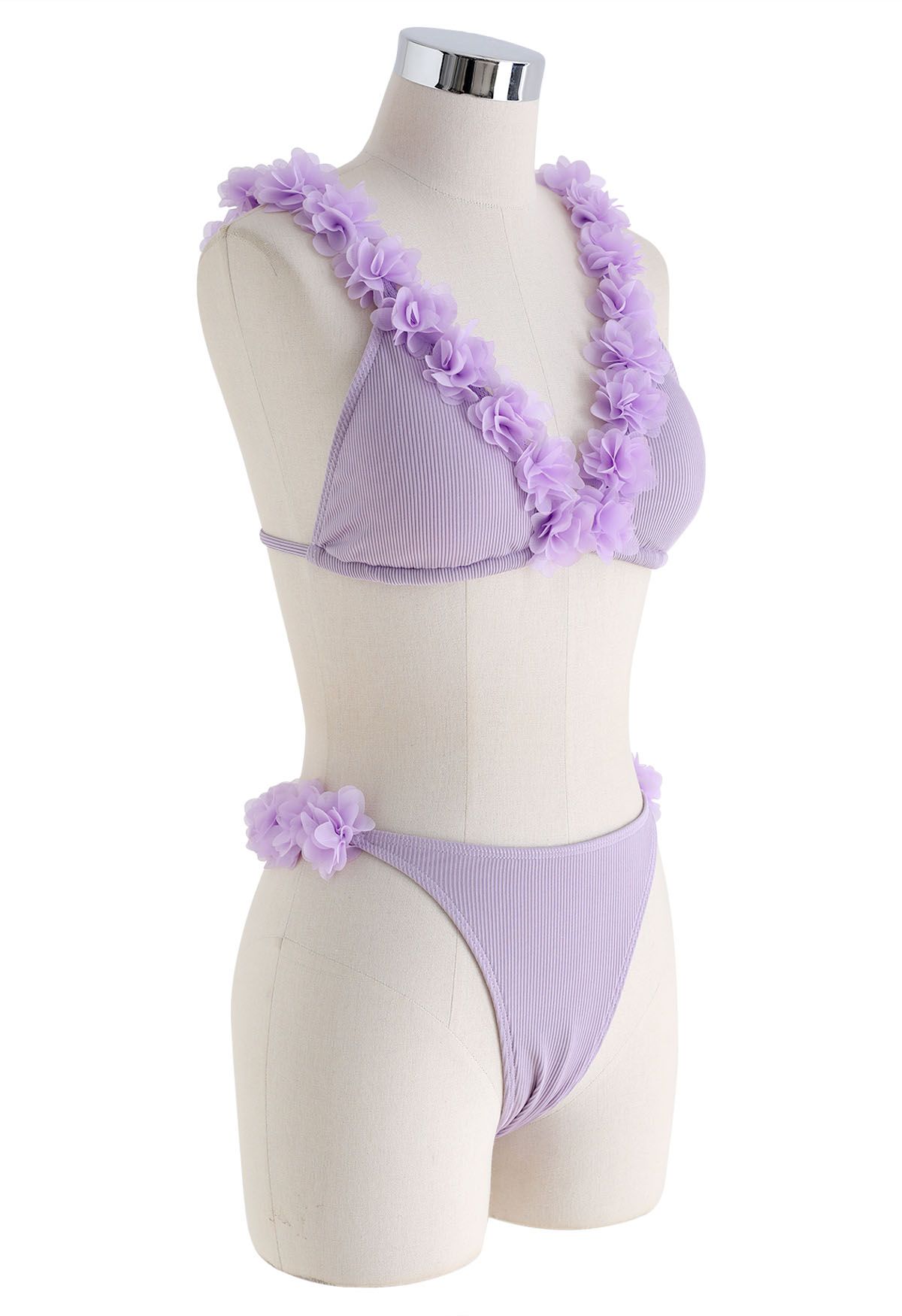 Ensemble Bikini 3D Fleur en maille Deep-V - Lilas