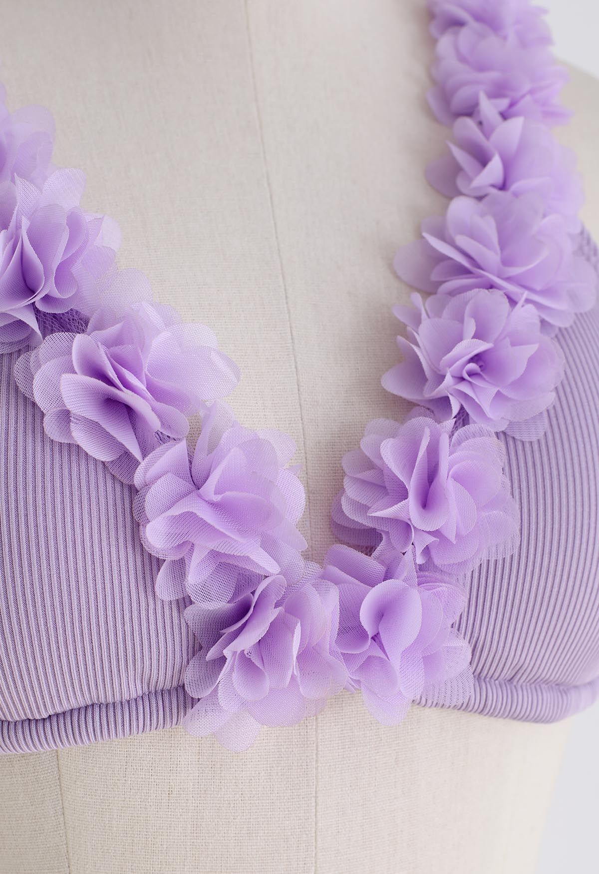 Ensemble Bikini 3D Fleur en maille Deep-V - Lilas