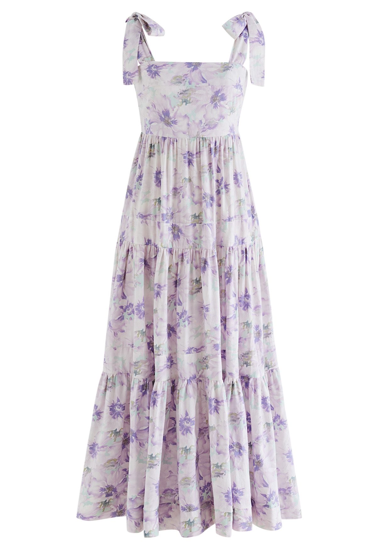 Robe longue lilas à bretelles nouées