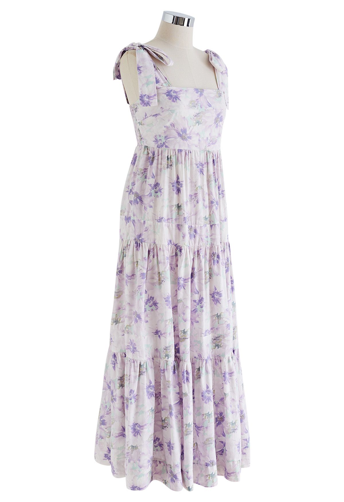 Robe longue lilas à bretelles nouées