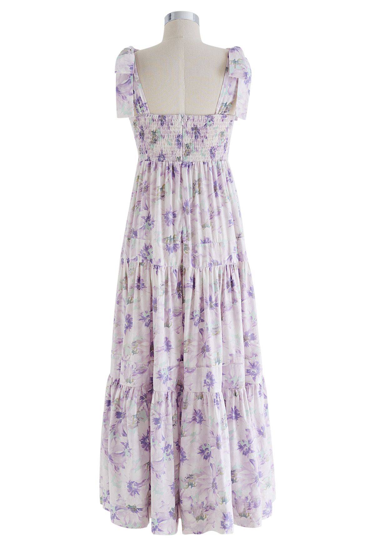 Robe longue lilas à bretelles nouées