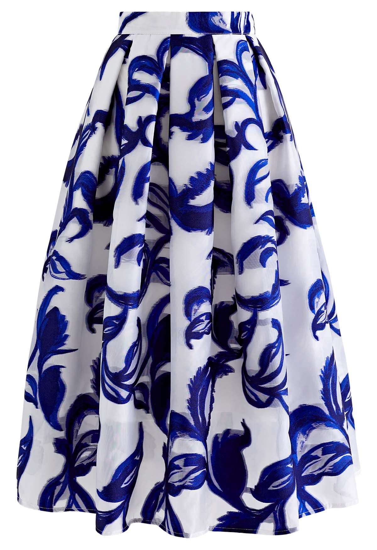 Jupe mi-longue plissée en organza jacquard vigne indigo