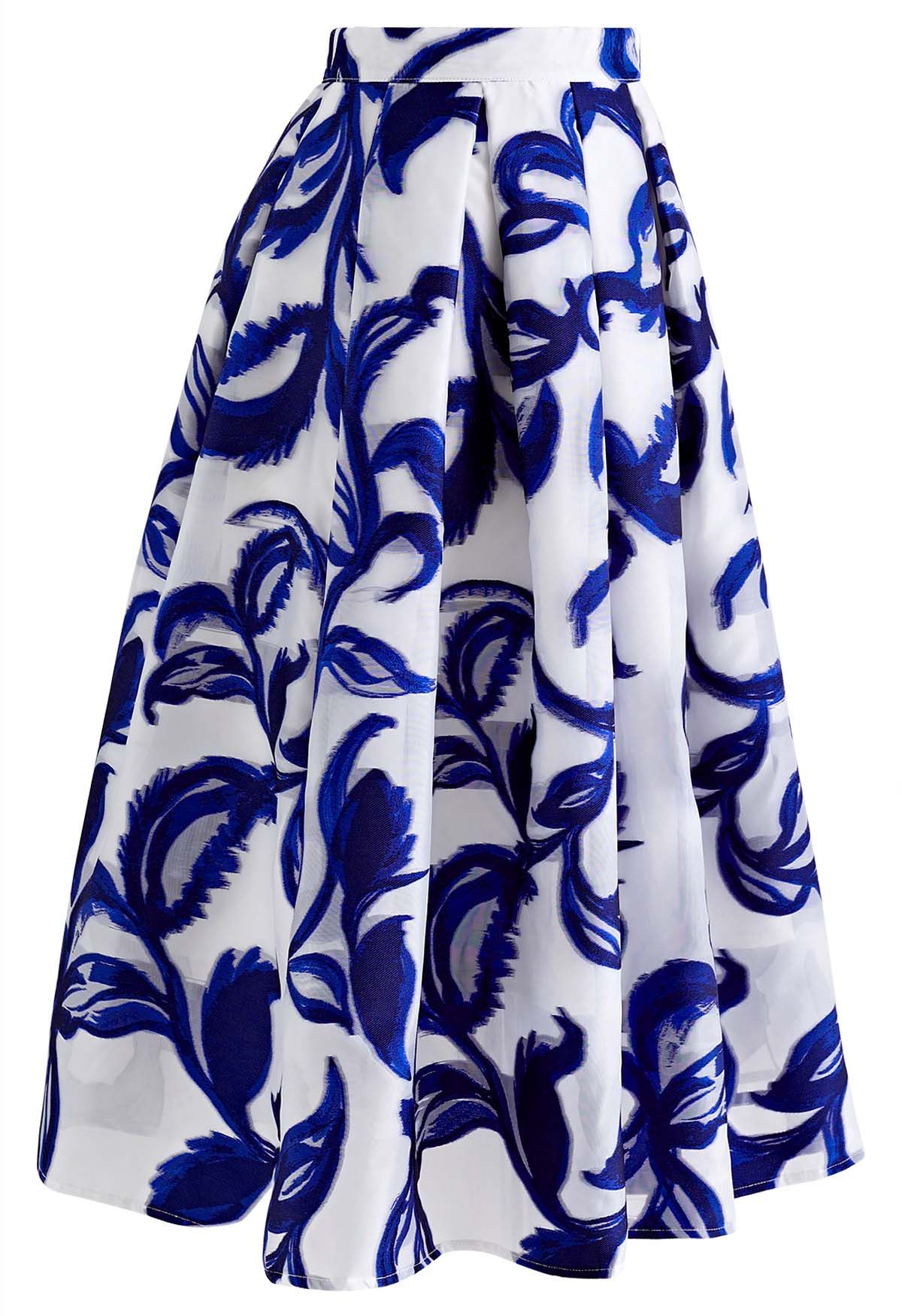 Jupe mi-longue plissée en organza jacquard vigne indigo