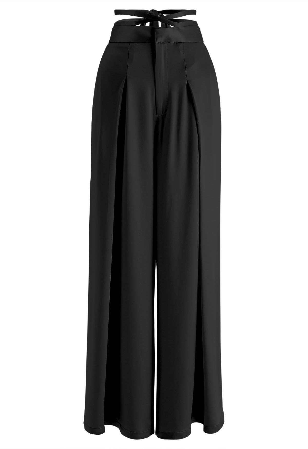 Pantalon large brillant à taille croisée en noir