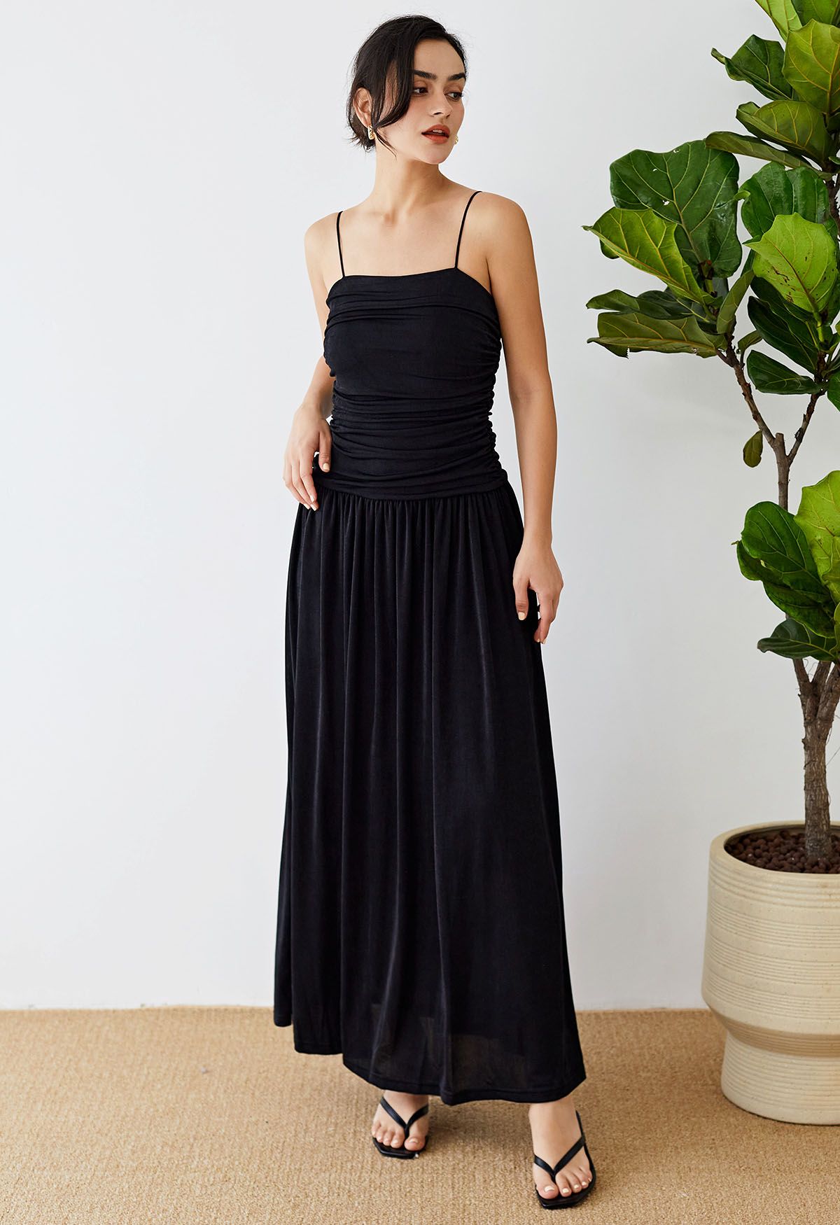 ROBE MAXI CARACO ÉLÉGANCE FRONCÉE EN NOIR