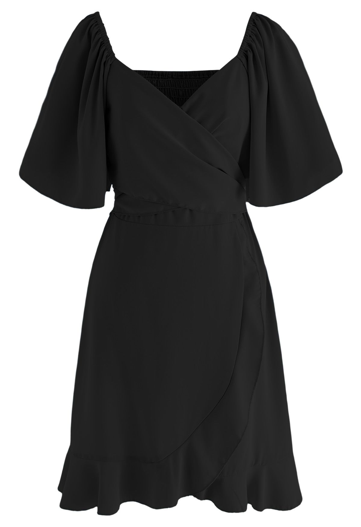 Robe volantée à manches flottantes avec ruban croisé en noir