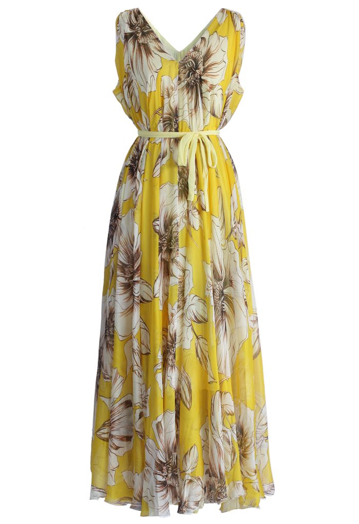 Robe Merveilleuse Florale Longue en Mousseline de Soie Jaune