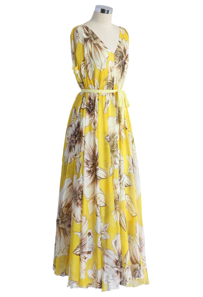 Robe Merveilleuse Florale Longue en Mousseline de Soie Jaune