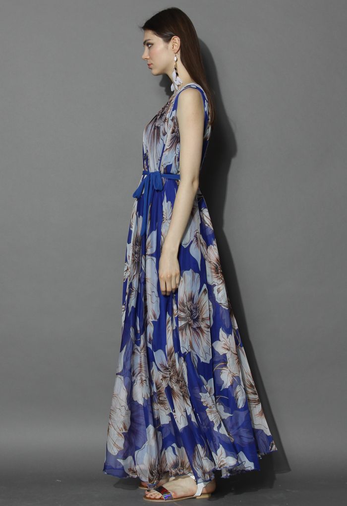 Robe Merveilleuse Florale Longue en Mousseline de Soie Bleu