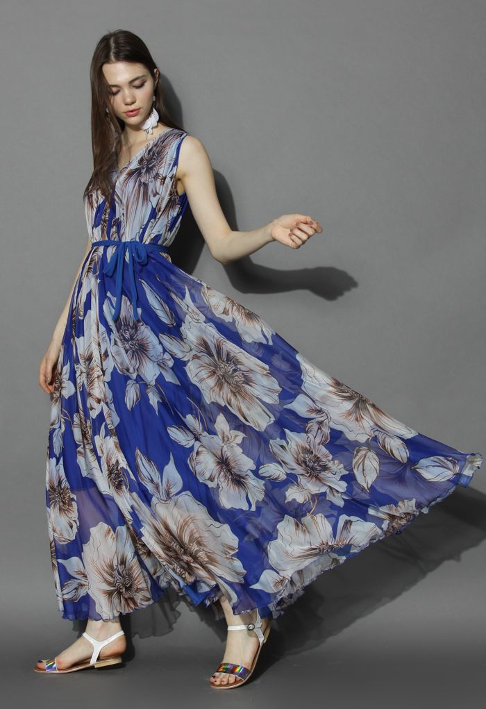 Robe Merveilleuse Florale Longue en Mousseline de Soie Bleu