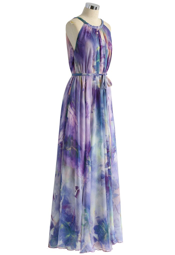 Aquarelle Florale Robe Longue en Violet