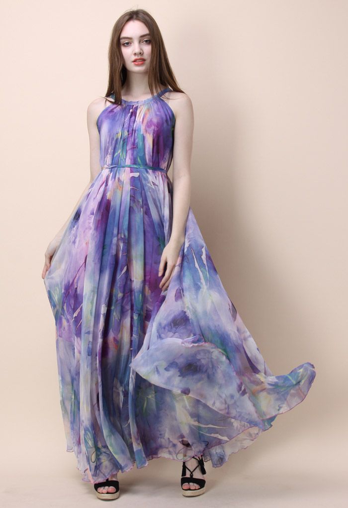 Aquarelle Florale Robe Longue en Violet