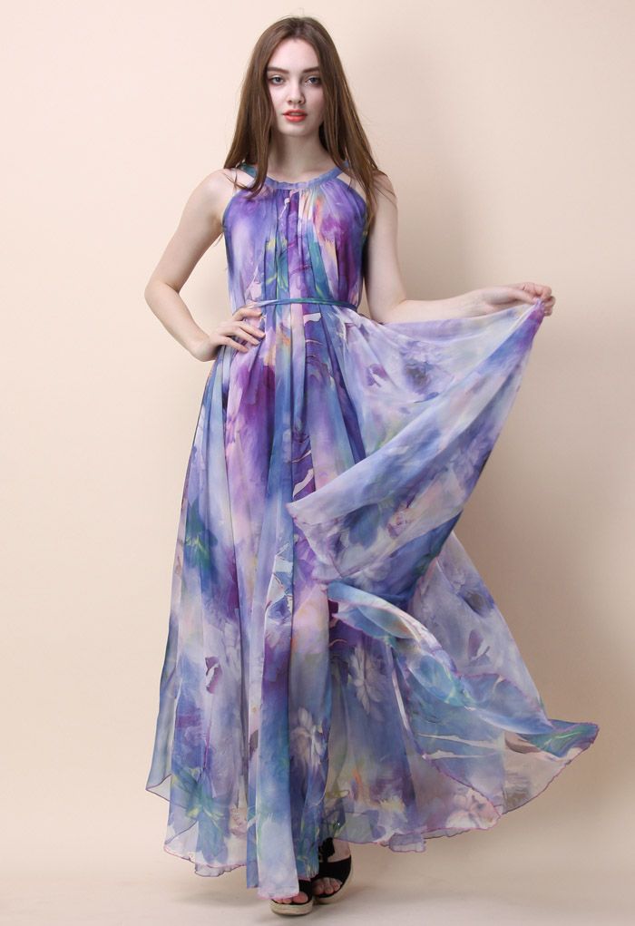 Aquarelle Florale Robe Longue en Violet