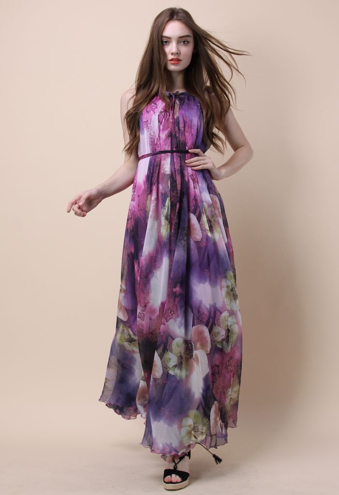 Pourpre Mystérieux Robe Floral Longue