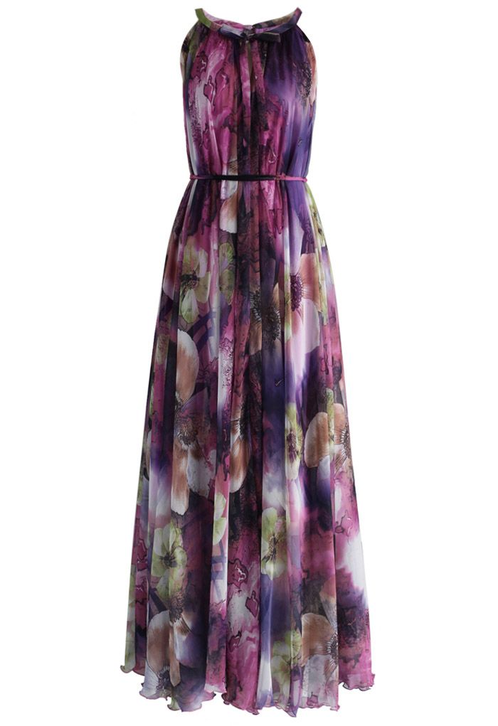 Pourpre Mystérieux Robe Floral Longue