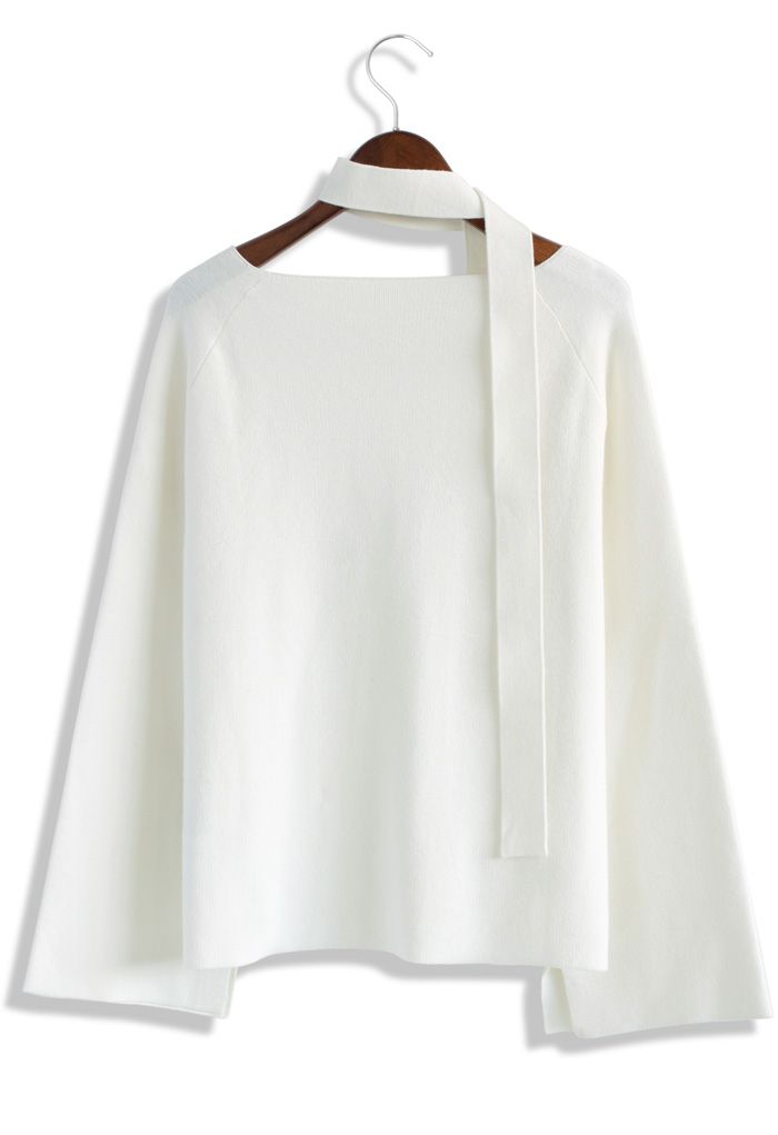 Tendresse Pull Blanc avec Col V et Manches Evasées