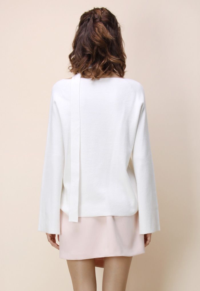 Tendresse Pull Blanc avec Col V et Manches Evasées